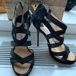 Jimmy Choo Black / Silver Shimmer Leather Heels